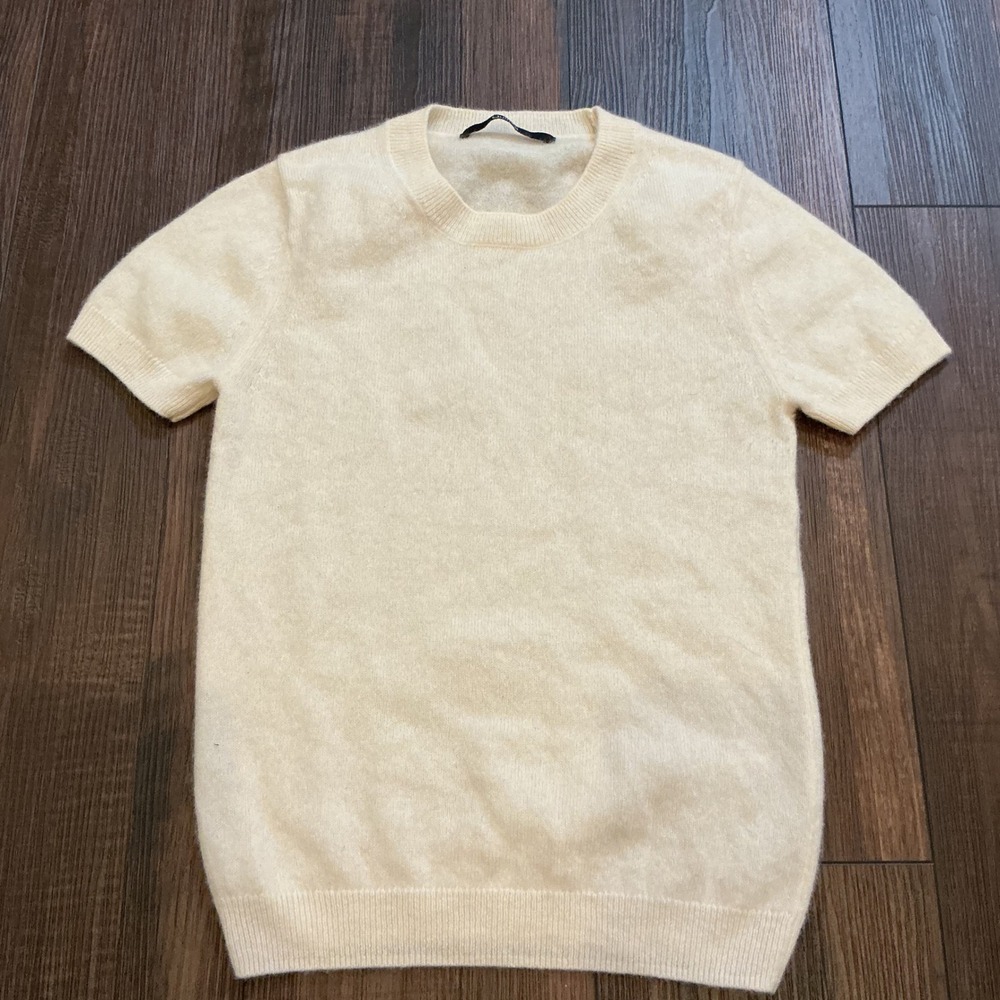 Quince 100% Cashmere Short Sleeve Sweater Ivory Crew Neck Slim Fit XS Luxury Top